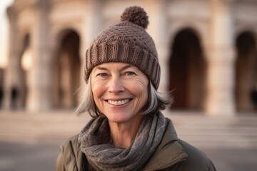 Portrait of smiling middle-aged woman in hat and scarf standing outdoors