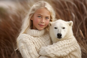 Medium shot portrait photography of a grinning child female that is wearing a cozy sweater against a polar bear or arctic wildlife background .  Generative AI