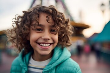 Portrait of a smiling little girl with curly hair in the amusement park
