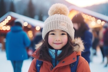 Little asian girl at christmas market in winter time, outdoor