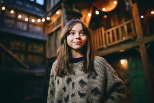 Medium shot portrait photography of a grinning child female that is wearing a cozy sweater against a thrilling haunted house attraction with brave visitors background .  Generative AI