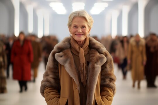Medium shot portrait photography of a grinning woman in her 60s that is wearing a warm parka against an elegant fashion show runway with models background .  Generative AI