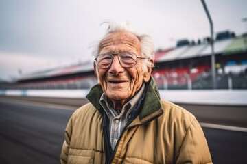 Medium shot portrait photography of a pleased 100-year-old elderly man that is wearing a chic cardigan against a motorsport racetrack during a high-speed race background .  Generative AI