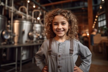 smiling little girl in apron standing with crossed arms in brewery