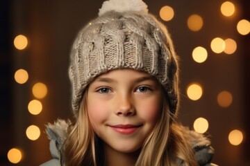 Portrait of cute little girl in winter hat on blurred lights background