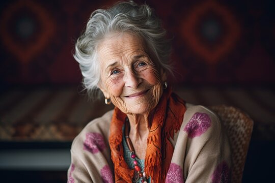 Medium shot portrait photography of a grinning woman in her 80s that is wearing a chic cardigan against a wedding or romantic background .  Generative AI