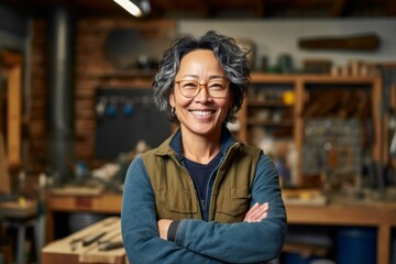 Portrait of smiling mature woman with arms crossed standing in leather workshop