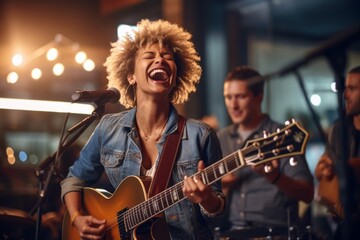 Obraz premium Portrait of a young afro-american woman playing the guitar and singing in a nightclub.