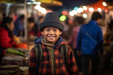 Obraz premium Medium shot portrait photography of a grinning child male that is wearing a chic cardigan against a lively night market with street food vendors background . Generative AI