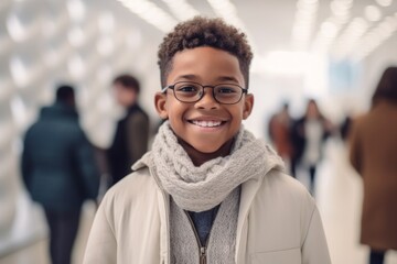 Portrait of a cute African-American boy in a white coat and eyeglasses smiling at the camera while standing in a shopping center