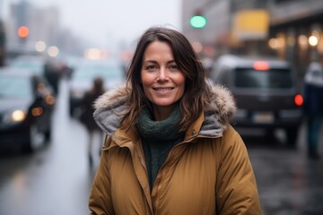 Fototapeta premium Portrait of a beautiful woman smiling in the city at winter time