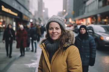 Fototapeta premium Medium shot portrait photography of a pleased woman in her 40s that is wearing a warm parka against a bustling city intersection with taxis and pedestrians background . Generative AI
