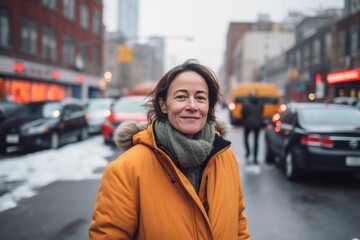 young beautiful hipster woman in yellow coat posing in the city streets