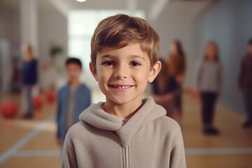 Portrait of smiling little boy standing in corridor at school during lesson