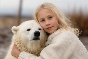 Medium shot portrait photography of a pleased child female that is wearing a cozy sweater against a polar bear or arctic wildlife background .  Generative AI