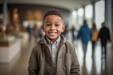 Medium shot portrait photography of a grinning child male that is wearing a chic cardigan against an art gallery or museum background .  Generative AI
