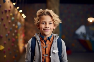 Fototapeta premium Portrait of a cute little boy with a backpack on the background of climbing wall