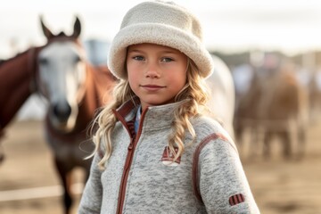 Portrait of a little girl in a white hat and a warm coat on the background of horses