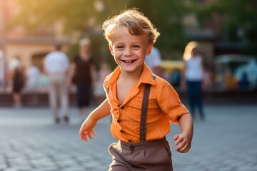 Medium shot portrait photography of a grinning child male that is wearing a trendy jumpsuit against a lively open-air salsa dance class in a city square background .  Generative AI