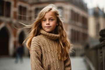 Fototapeta premium Medium shot portrait photography of a pleased child female that is wearing a cozy sweater against an old building or architecture background . Generative AI