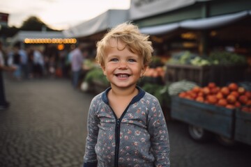 Medium shot portrait photography of a grinning child male that is wearing a trendy jumpsuit against a bustling farmer's market background .  Generative AI