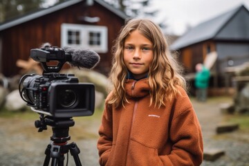 Cute little girl filming a video in front of a farmhouse