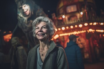 Portrait of a happy senior woman in front of a Christmas market