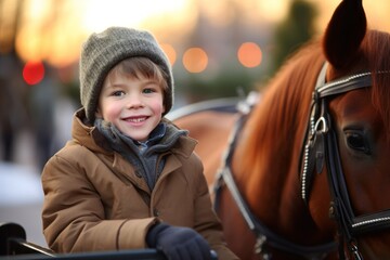 Cute little boy with horse on city street at sunset, closeup
