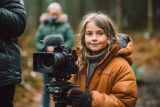 Medium shot portrait photography of a pleased child female that is wearing a cozy sweater against a wildlife documentary filming with a camera crew background .  Generative AI