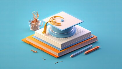 Education concept. 3d of hat, book on blue background. Generative ai