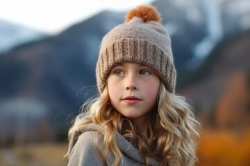 Medium shot portrait photography of a pleased child female that is wearing a warm beanie or knit hat against a mountain landscape background .  Generative AI