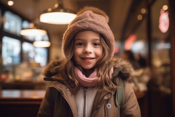 Portrait of a cute little girl in a winter hat and coat in a cafe