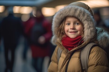 Portrait of a cute little girl at the train station in winter
