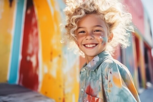 Medium shot portrait photography of a pleased child female that is wearing a trendy jumpsuit against a scenic watercolor painting workshop in the outdoors background .  Generative AI