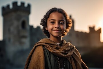 Naklejka premium Portrait of a cute little girl in front of the castle.