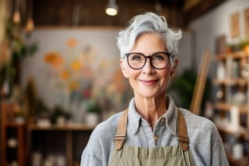 Obraz premium Portrait of smiling senior woman with eyeglasses in art studio