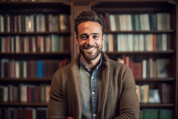 Medium shot portrait photography of a grinning man in his 30s that is wearing a chic cardigan against a library or bookshelf background .  Generative AI