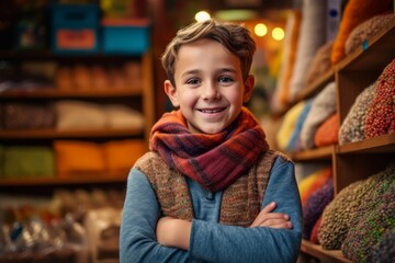 Medium shot portrait photography of a pleased child male that is wearing a chic cardigan against a bustling trader's market with colorful fabrics and spices background .  Generative AI
