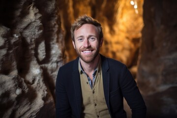 Medium shot portrait photography of a grinning man in his 30s that is wearing a chic cardigan against a geode or crystal cave background .  Generative AI
