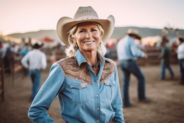 Portrait of senior cowgirl smiling at camera while standing at rodeo