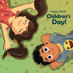 happy world children's day poster and banner design. illustration of two little kids lying on green grass