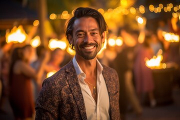 Medium shot portrait photography of a grinning man in his 30s that is wearing a chic cardigan against a scenic hawaiian luau with performers and fire dancers background .  Generative AI - obrazy, fototapety, plakaty