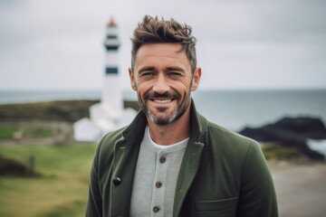 Fototapeta premium Portrait of handsome man standing in front of Lighthouse on a cloudy day