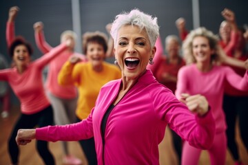 Medium shot portrait photography of a pleased woman in her 50s that is wearing a sleek suit against an energetic zumba class with participants dancing background .  Generative AI