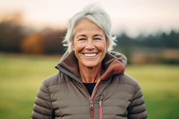 Portrait of a happy senior woman wearing warm sportswear outdoors