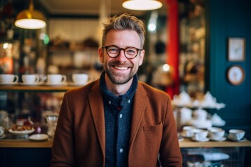 Fototapeta premium Medium shot portrait photography of a grinning man in his 30s that is wearing a chic cardigan against a tea room or british tea background . Generative AI