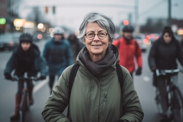 Medium shot portrait photography of a pleased woman in her 50s that is wearing a warm parka against a bustling city intersection with cyclists and pedestrians background .  Generative AI