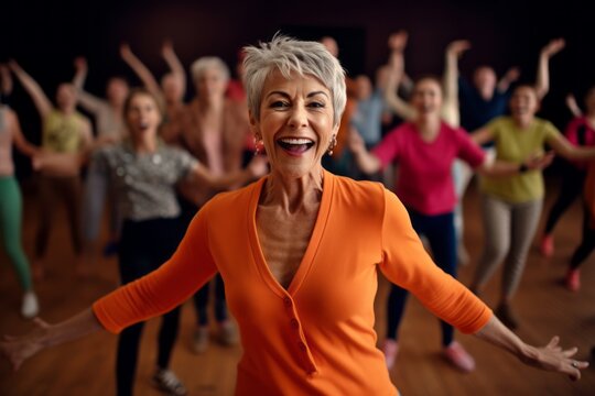 Medium shot portrait photography of a pleased woman in her 50s that is wearing a sleek suit against an energetic zumba class with participants dancing background .  Generative AI
