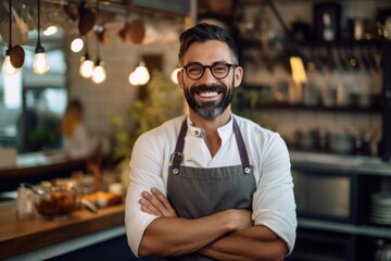 Medium shot portrait photography of a grinning man in his 30s that is wearing a chic cardigan against a well-stocked gourmet kitchen with a chef at work background .  Generative AI