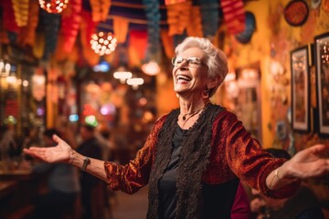 Medium shot portrait photography of a pleased woman in her 60s that is wearing a chic cardigan against a lively flamenco performance in a spanish taverna background .  Generative AI